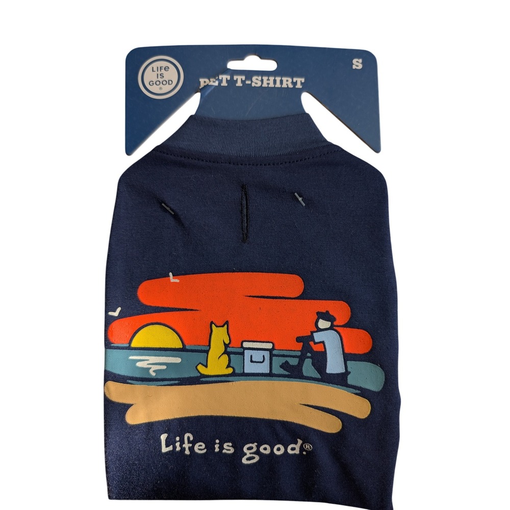 Life is Good Pet T-Shirt Dog Small Navy Blue New Beach Sunset Graphic Tee